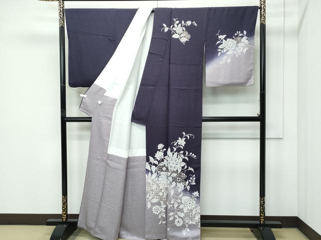 平和屋本店●極上　訪問着　更紗花文　暈し染め　金彩　紫黒色地　逸品　CZAA5239s6_1