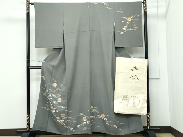 平和屋着物●極上　銀座きしや　訪問着　吹寄せ文　金彩　藍媚茶色地　たとう紙付き　逸品　CZAA5310s6
