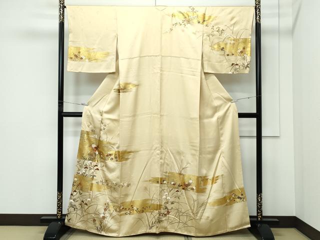 平和屋着物●極上　訪問着　駒刺繍　霞草花文　金彩　ブロンド色地　鈴乃屋扱い　逸品　CZAA5333s6