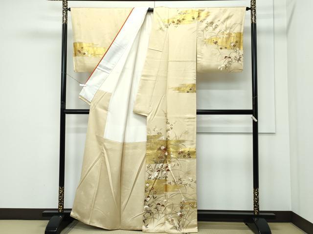 平和屋着物●極上　訪問着　駒刺繍　霞草花文　金彩　ブロンド色地　鈴乃屋扱い　逸品　CZAA5333s6_1