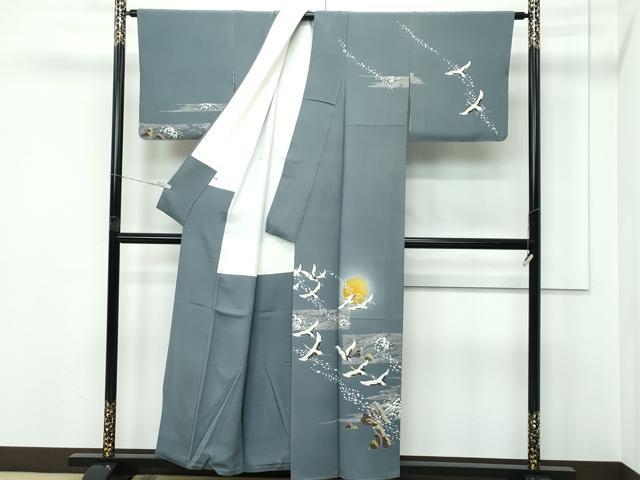 平和屋着物●極上　本加賀友禅作家　吉村伊佐子　訪問着　満月　立波飛鶴文　暈し染め　山鳩色地　逸品　CZAA5381s6_1
