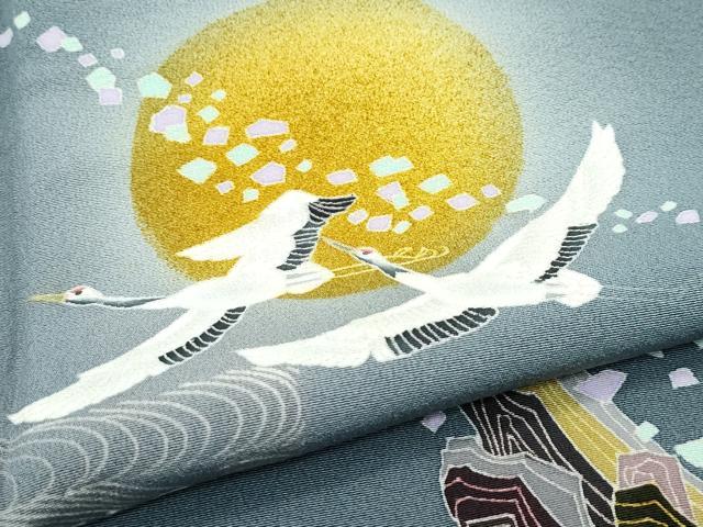 平和屋着物●極上　本加賀友禅作家　吉村伊佐子　訪問着　満月　立波飛鶴文　暈し染め　山鳩色地　逸品　CZAA5381s6_4