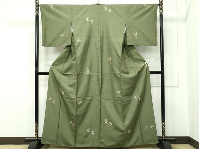 平和屋着物●極上　京の名門・菱屋六右ェ門　紬　鳥獣戯画　海松色地　逸品　CZAA5386s6_1