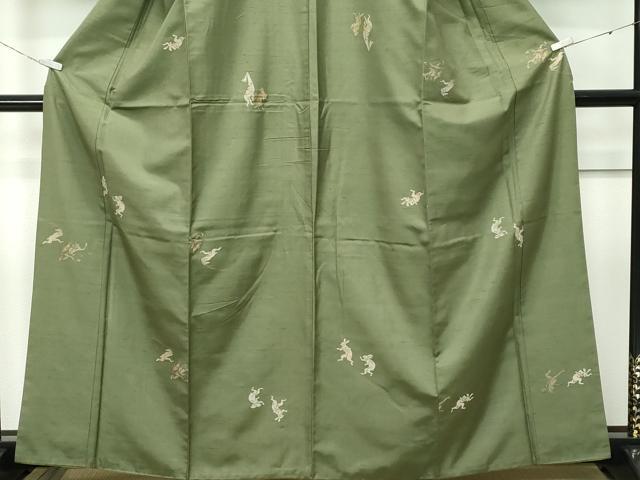 平和屋着物●極上　京の名門・菱屋六右ェ門　紬　鳥獣戯画　海松色地　逸品　CZAA5386s6_4
