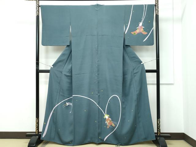 平和屋本店●極上　世界的人形師　辻村寿三郎　ジュサブロー　訪問着　刺繍　うさぎ　簪　鉄御納戸色地　逸品　CZAA5387s6