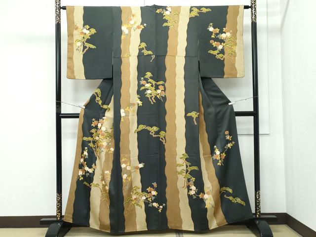 平和屋着物●極上　訪問着　駒刺繍　牡丹松鹿の子間道　金彩　藍海松茶色地　三越扱い　逸品　CZAA5440s6