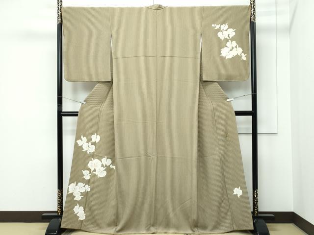 平和屋本店●極上　皇室デザイナー　中村乃武夫　訪問着　縞　胡蝶蘭　利休茶色地　逸品　CZAA5453s6