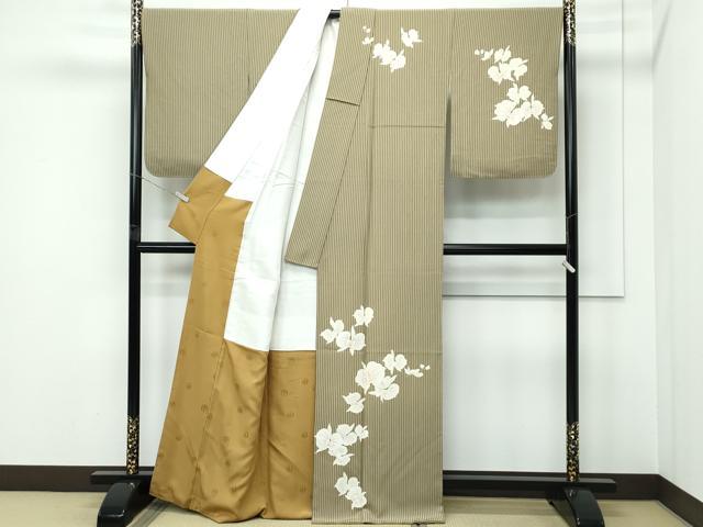平和屋本店●極上　皇室デザイナー　中村乃武夫　訪問着　縞　胡蝶蘭　利休茶色地　逸品　CZAA5453s6_1