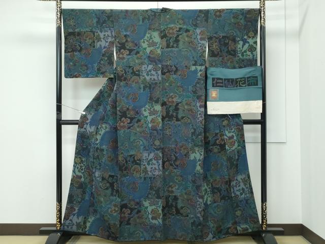 平和屋本店●極上　前田仁仙　仁仙更紗　小紋　仁仙花布　草木染　孔雀更紗花文　やまと誂製　反端付き　逸品　CZAA5454s6