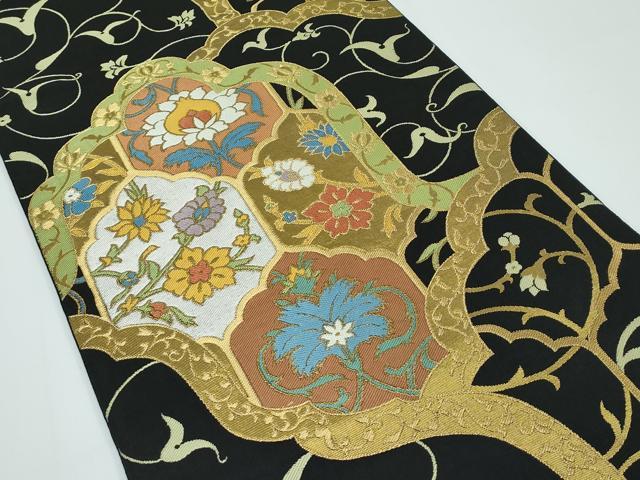 平和屋着物●極上　西陣　川島織物　六通柄　本袋帯　草花文　黒地　金糸　逸品　CZAA5529s6_1