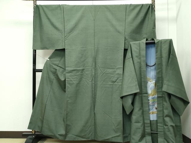 平和屋着物●極上　男性　紬　アンサンブル　キングサイズ　色無地　麹塵色　逸品　CZAA5604s6