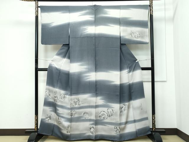 平和屋着物●極上　訪問着　作家物　手描き　お面　暈し染め　藍墨茶色地　逸品　CZAA5618s6