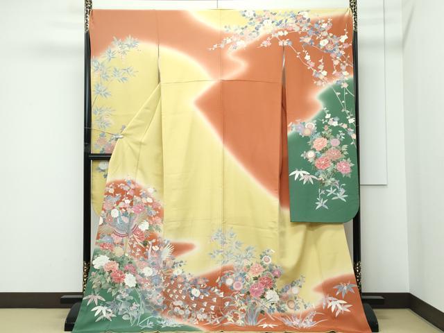 平和屋本店●極上　十日町　加賀草木友禅の第一人者　田村哲彦　振袖　孔雀草花文　暈し染め　逸品　CZAA5624s6 平和屋本店○極上 十日町 加賀草木友禅の第一人者 田村哲彦 振袖 孔雀