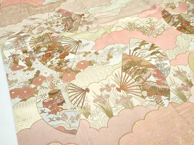 平和屋本店○極上 訪問着 駒刺繍 雲重ね扇面吉祥花文 金彩 たとう紙