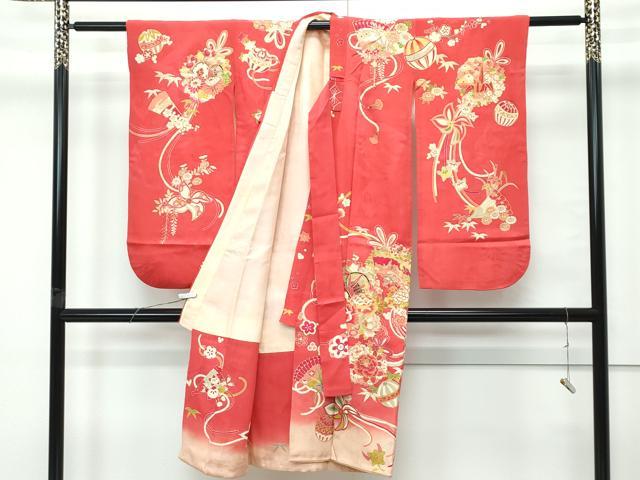 平和屋本店[]極上 アンティーク 大正ロマン 七五三 女の子 7歳 祝着・長襦袢セット 駒刺繍 檜扇鼓花毬文 金彩 赤紅色地 逸品 CZAA5697s6_1