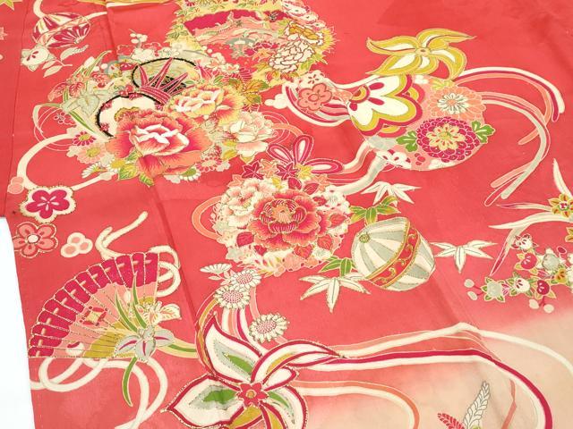 平和屋本店[]極上 アンティーク 大正ロマン 七五三 女の子 7歳 祝着・長襦袢セット 駒刺繍 檜扇鼓花毬文 金彩 赤紅色地 逸品 CZAA5697s6_2