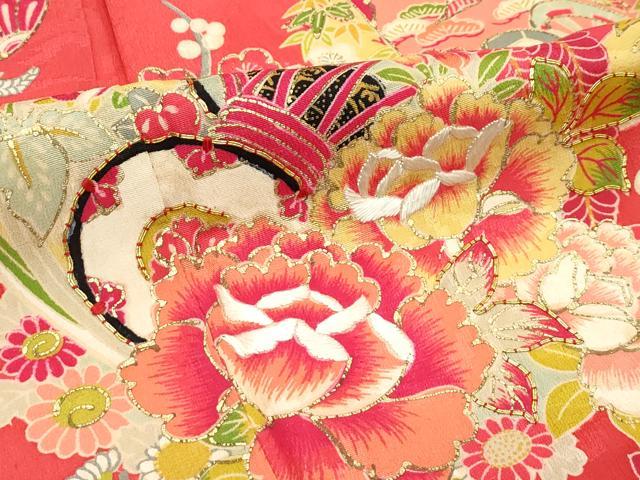 平和屋本店[]極上 アンティーク 大正ロマン 七五三 女の子 7歳 祝着・長襦袢セット 駒刺繍 檜扇鼓花毬文 金彩 赤紅色地 逸品 CZAA5697s6_3