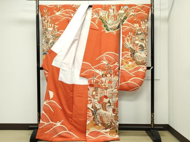 長閑やかさ屋中央局●限りない 打ち立てる460年・千總 振袖 駒刺しゅう 立波船文 金彩 磚色地 高島屋取りまわし 珠玉 CZAA5760s6