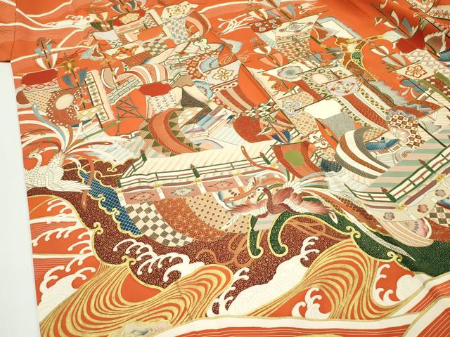 長閑やかさ屋中央局●限りない 打ち立てる460年・千總 振袖 駒刺しゅう 立波船文 金彩 磚色地 高島屋取りまわし 珠玉 CZAA5760s6