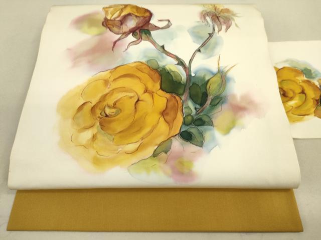 平和屋着物●塩瀬　九寸名古屋帯　作家物　手描き　薔薇　バラ　逸品　DAAJ3800jm