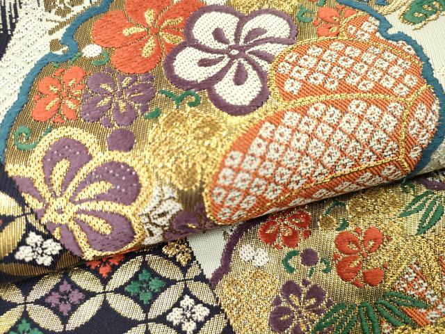 正絹 六通袋帯【刺繍 花々 雪輪】 正絹 六通袋帯【刺繍 花々 雪輪】