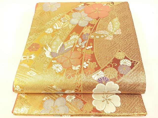 平和屋着物◎六通柄袋帯　ふくれ織　花蝶唐草文　逸品　未使用　BAAG0486jm 平和屋着物◎六通柄袋帯 唐織 熨斗花蝶文 金銀糸 正絹 逸品 DAAP2304qa
