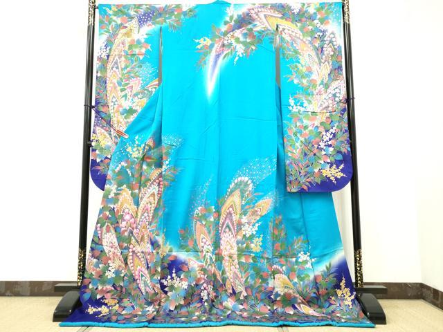 平和屋本店●お引きずり・お引き摺り・引き振袖 和装 結婚式 舞妓 芸妓 芸者 衣装　孔雀羽根草花文　暈し染め　金銀彩　逸品　DAAM4813yyy