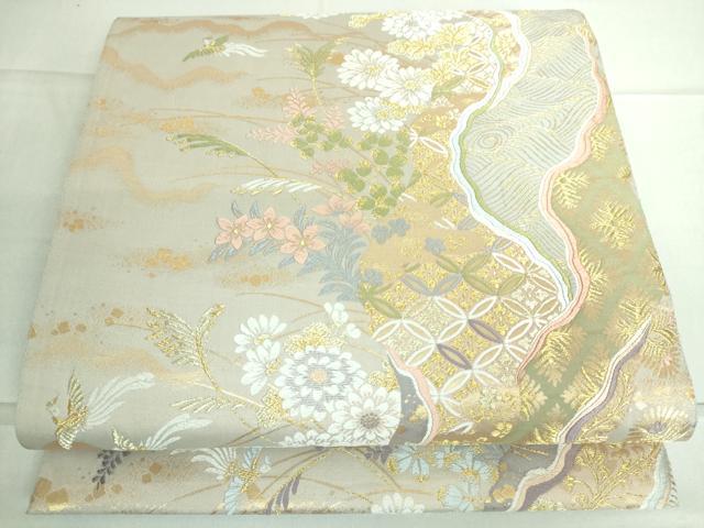 平和屋着物●六通柄袋帯　唐織　献上道長文　金糸　正絹　逸品　DAAP1622ic