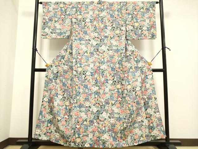 平和屋着物▽上質な小紋 単衣 草花文 金彩 鬼しぼ縮緬 正絹 逸品