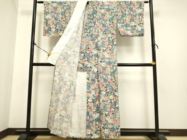 平和屋着物▽上質な小紋　単衣　草花文　金彩　鬼しぼ縮緬　正絹　逸品　DAAP7393du 平和屋着物▽上質な小紋 単衣 草花文 金彩 鬼しぼ縮緬 正絹 逸品