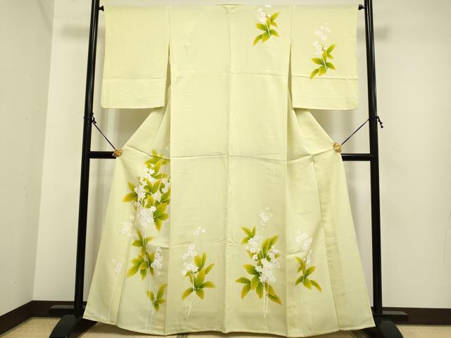 平和屋着物▽訪問着 単衣 手描き 枝花文 正絹 逸品 AAAZ9414fy