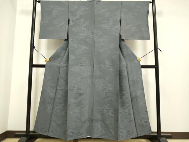 平和屋着物▽上質な色無地　単衣　雲取吉祥風景地紋　灰色　正絹　逸品　DAAP7412du 平和屋着物▽上質な色無地 単衣 雲取吉祥風景地紋 灰色