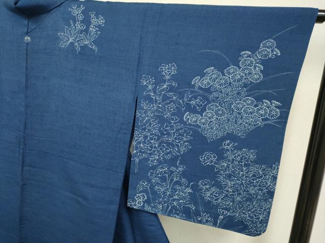 平和屋着物▽訪問着　単衣　藍　紬地　刺繍　草花文　正絹　逸品　DAAP7449du 平和屋着物▽訪問着 単衣 藍 紬地 刺繍 草花文 正絹 逸品