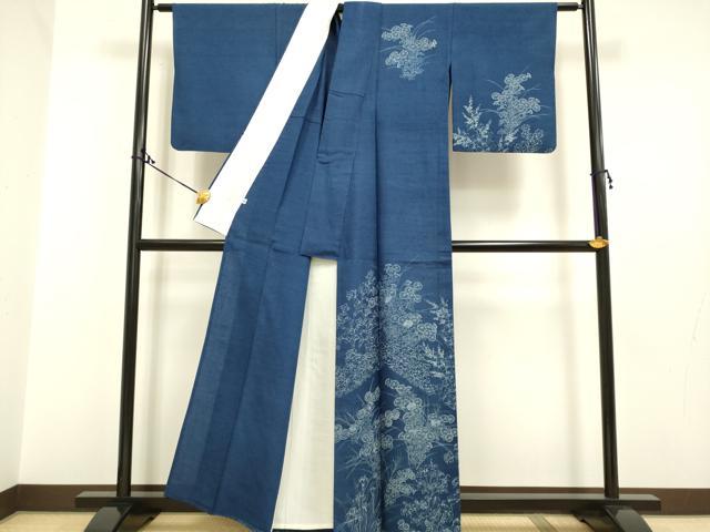 平和屋着物▽訪問着 単衣 藍 紬地 刺繍 草花文 正絹 逸品