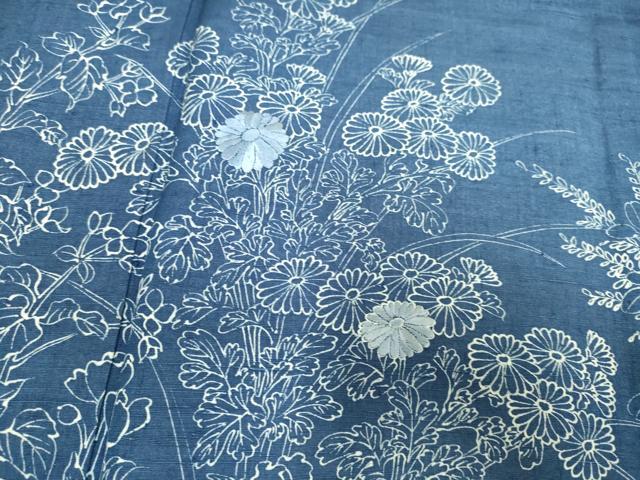 平和屋着物▽訪問着　単衣　藍　紬地　刺繍　草花文　正絹　逸品　DAAP7449du 平和屋着物▽訪問着 単衣 藍 紬地 刺繍 草花文 正絹 逸品