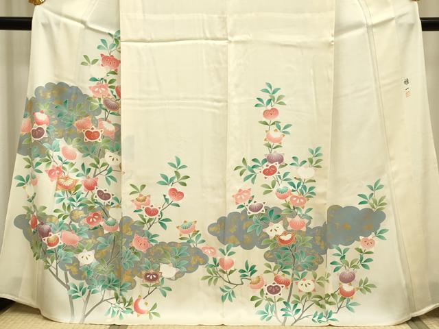 平和屋着物▽東京手描友禅　安達雅一　訪問着　単衣　駒刺繍　橘　金彩　正絹　逸品　DAAP7464du 平和屋着物▽東京手描友禅 安達雅一 訪問着 単衣 駒刺繍 橘 金彩 正絹