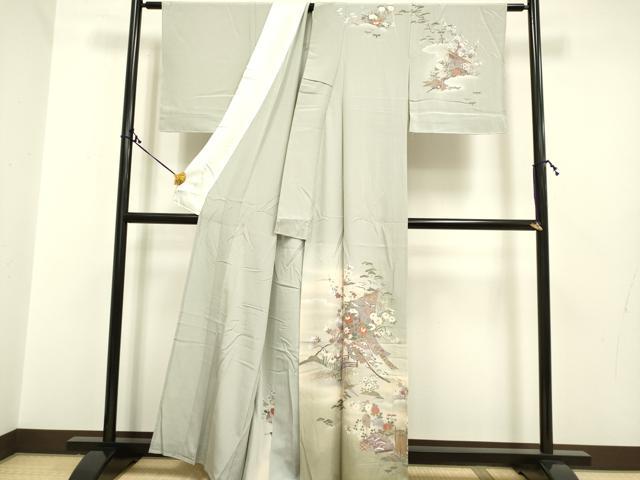 平和屋着物▽訪問着 単衣 几帳風景花文 暈し染め 金彩