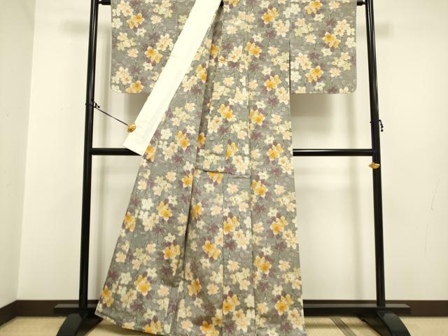 平和屋着物▽上質な紬　単衣　色紙花文　反端付き　正絹　逸品　DAAT9913az 平和屋着物▽上質な紬 単衣 色紙花文 反端付き 正絹