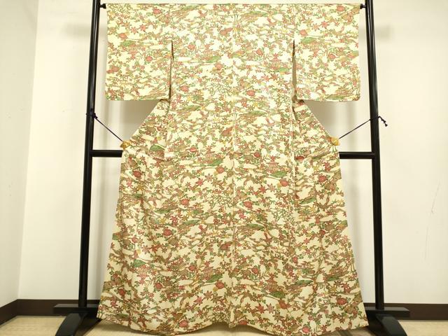平和屋着物▽上質な小紋　単衣　型染　流水風景花鳥文　正絹　逸品　DAAP7476du 平和屋着物▽上質な小紋 単衣 型染 流水風景花鳥文 正絹 逸品