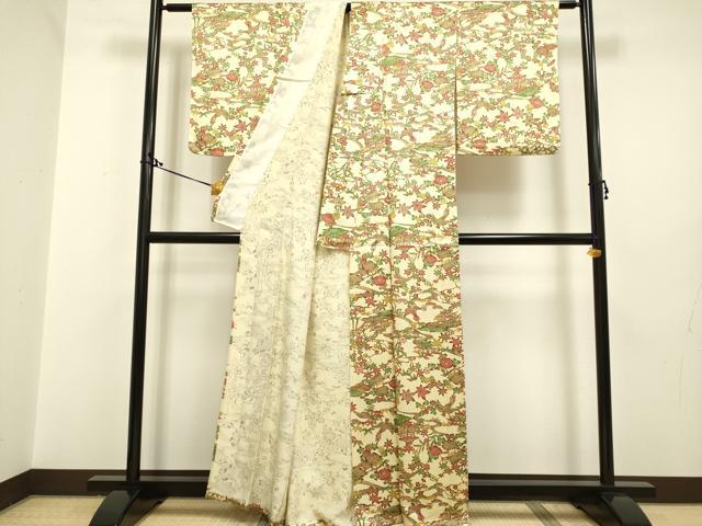 平和屋着物▽上質な小紋　単衣　型染　流水風景花鳥文　正絹　逸品　DAAP7476du 平和屋着物▽上質な小紋 単衣 型染 流水風景花鳥文 正絹 逸品