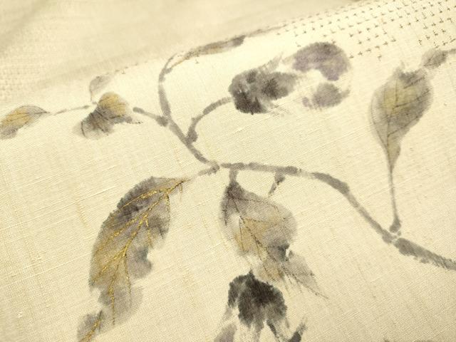 平和屋着物▽訪問着 単衣 作家物 紬地 手描き 茄子 枝葉文