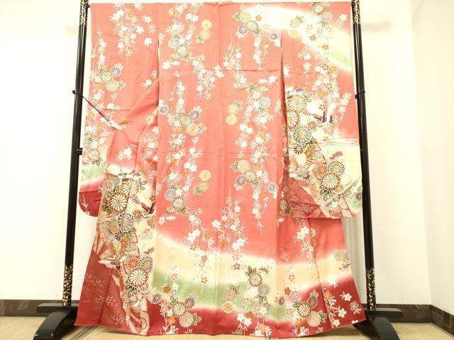 平和屋着物●豪華振袖　飛鶴片輪車花文　暈し染め　金彩　正絹　逸品　DAAP7844yyy