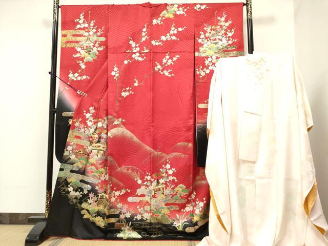 平和屋着物○金彩友禅 大槻純 振袖・長襦袢セット(袷) 風景花文 金銀