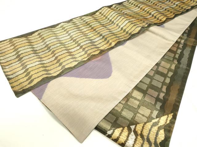 平和屋着物○両方向 両面全通柄袋帯 よろけ縞 金銀糸 正絹 逸品