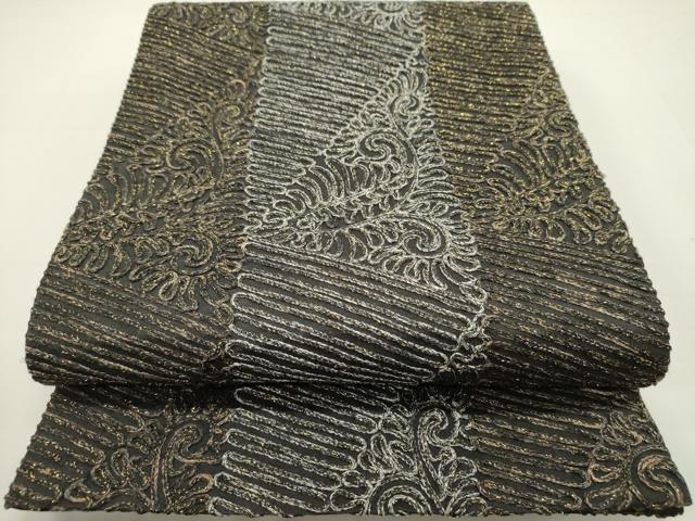 平和屋着物●染織デザイナー　堀口無月 　MUGETSU　チュール織　全通柄袋帯　間道　黒地　金糸　正絹　逸品　DAAQ2681ps