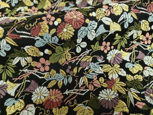 平和屋着物○六通柄袋帯 唐織 吹き寄せ花文 黒地 金銀糸 正絹