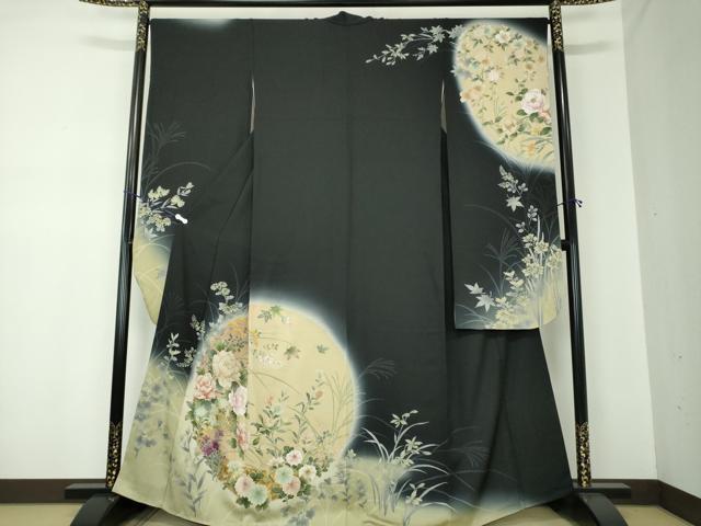 平和屋着物●豪華振袖　草花文　暈し染め　黒地　金彩　正絹　逸品　DAAQ2791ps