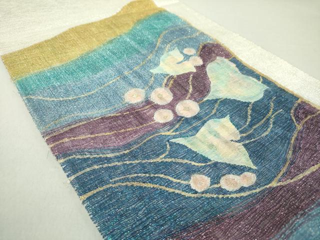 平和屋着物○太鼓柄袋帯 唐織 草花文 金糸 銀通し地 正絹 逸品