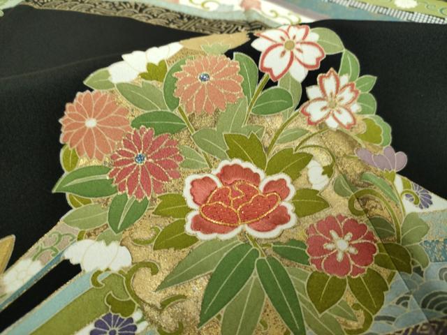 平和屋着物○創業460年・千總 黒留袖 駒刺繍 御所車草花文