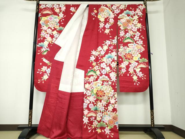 アンティーク着物　二尺袖大正ロマン　小振袖　駒刺繍　檜扇吉祥花文　正絹 アンティーク着物 二尺袖大正ロマン 小振袖 駒刺繍 檜扇吉祥花文